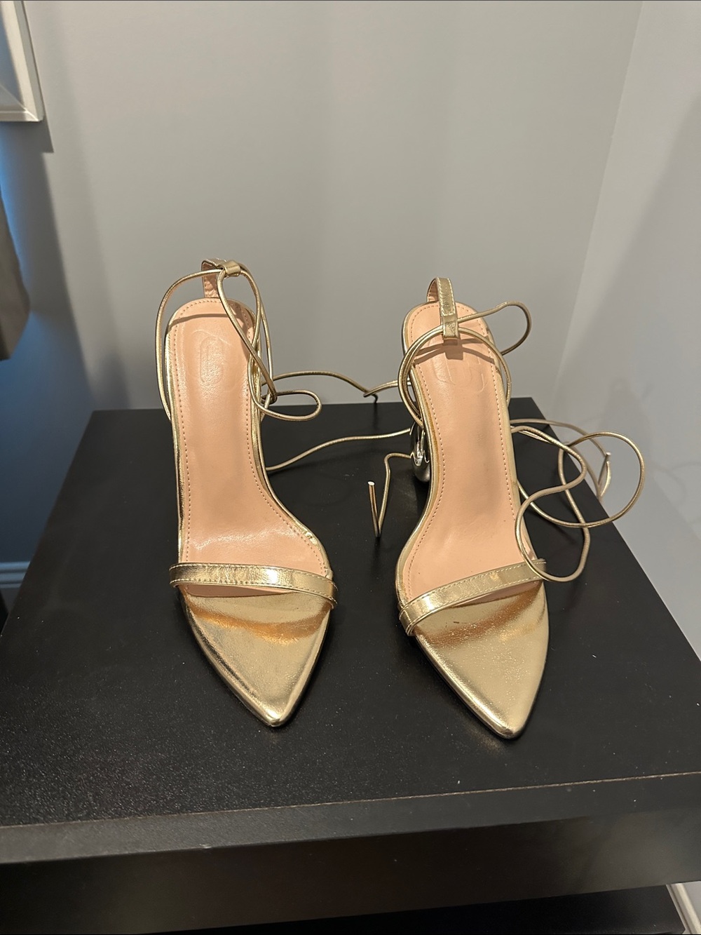 Gold Pointed-Toe Lace-Up Women's Heels